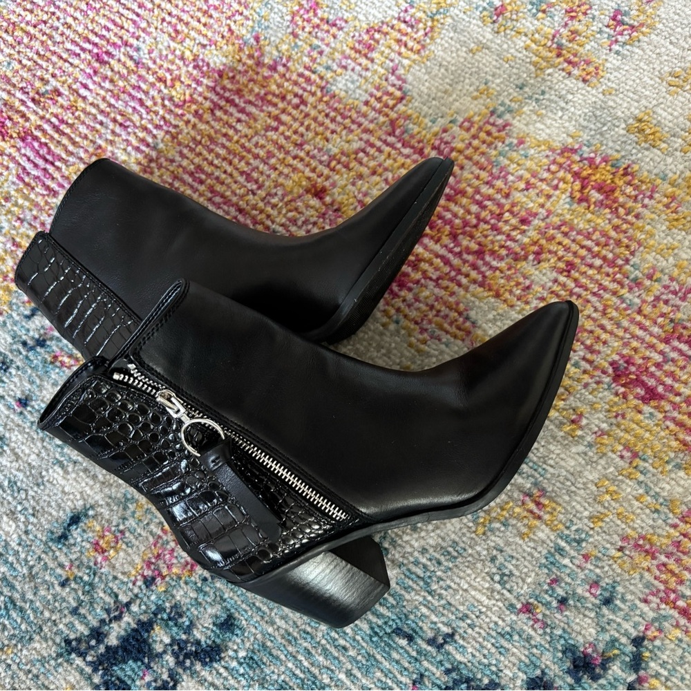 Black Leather Croc-Embossed Ankle Boots - Picture 4 of 8